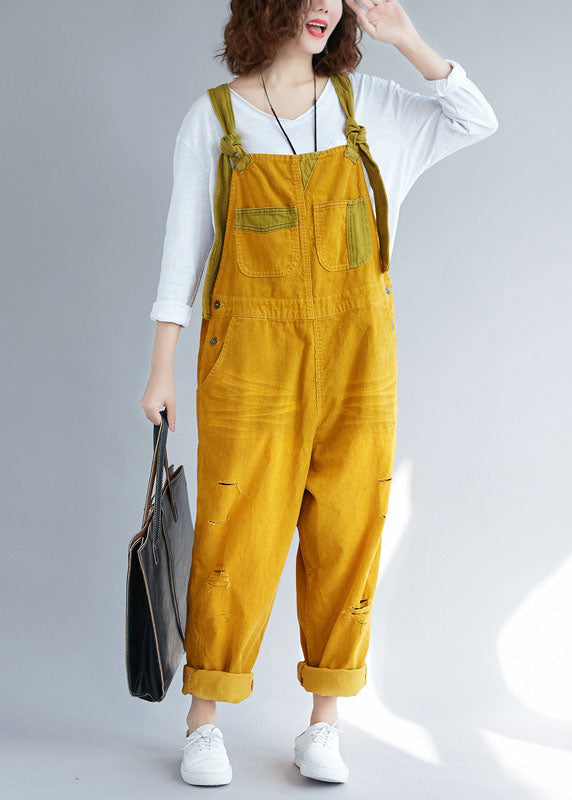 Bohemian Yellow pockets Corduroy ripped Jumpsuits