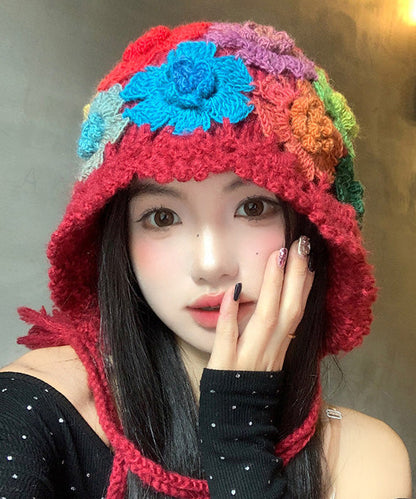 Ethnic Style Red Flower Hollow Knitted Boonie Hat