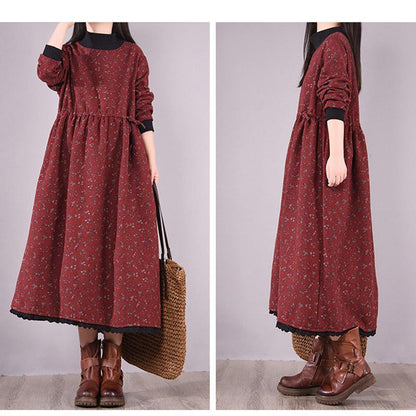 Winter Korean Style High-neck Plush Floral Dress