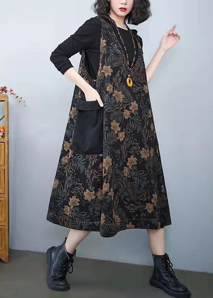 Vintage Denim Print Pockets  Dress Summer Cotton Dress