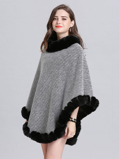 Women Woolen Poncho Faux Fur Shawl Collar Oversized Winter Coat