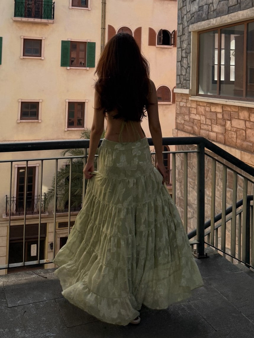 Light Green Jacquard Open-Back Tiered Maxi Dress Set