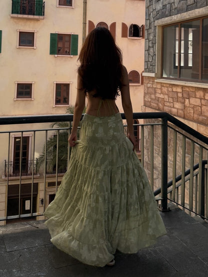 Light Green Jacquard Open-Back Tiered Maxi Dress Set