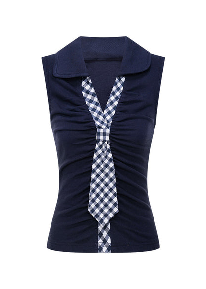 Fashion Navy V Neck Patchwork Cotton T Shirt Tops Sleeveless
