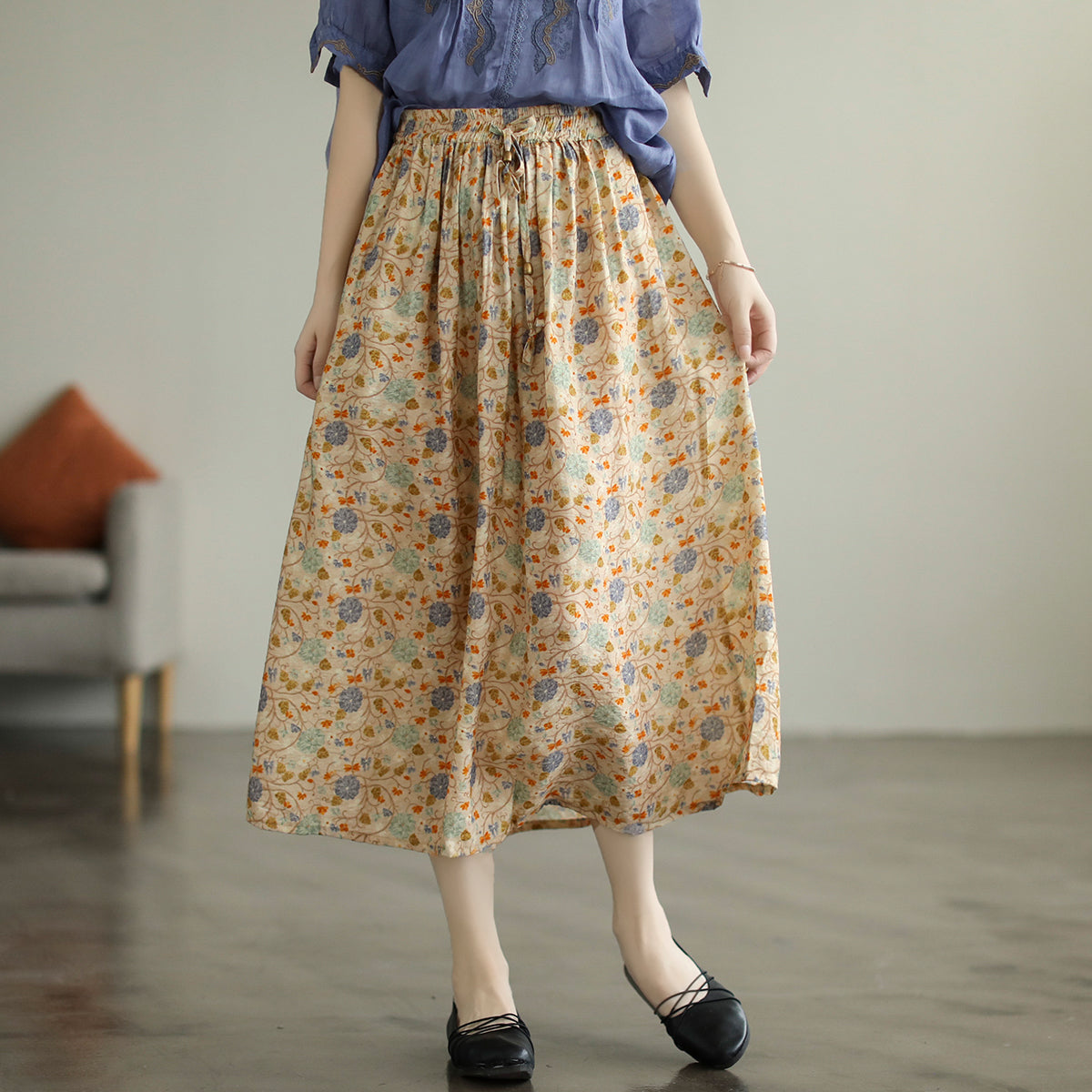 Cozy Retro Floral Printed Cotton A-Line Skirt