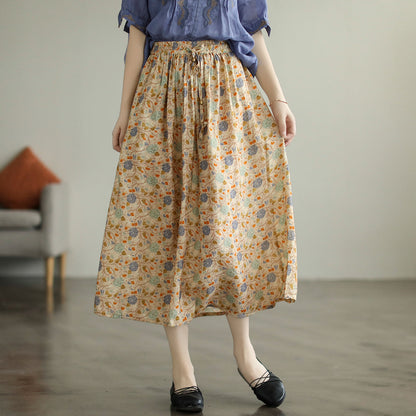 Cozy Retro Floral Printed Cotton A-Line Skirt