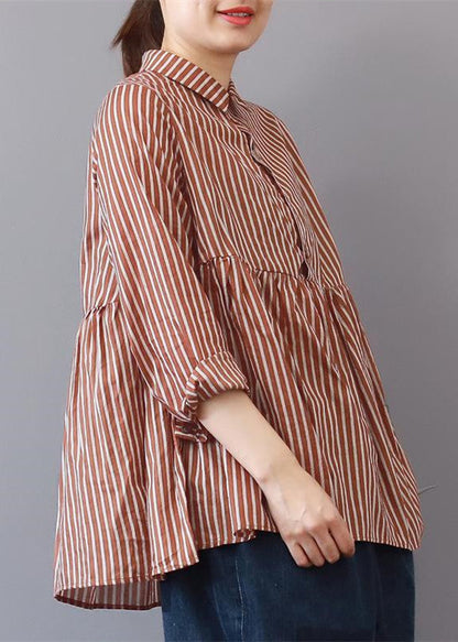 boutique red striped linen blouse plus size traveling clothing fine patchwork lapel collar linen blouses