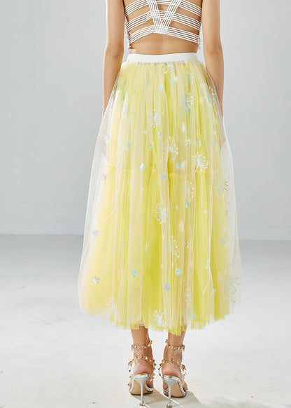 Chic Yellow Dandelion Embroideried Wear On Both Sides Tulle Skirts Summer