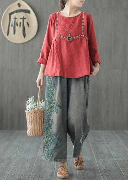Vintage Blue Embroideried Cotton Ripped Jeans Pants Fall