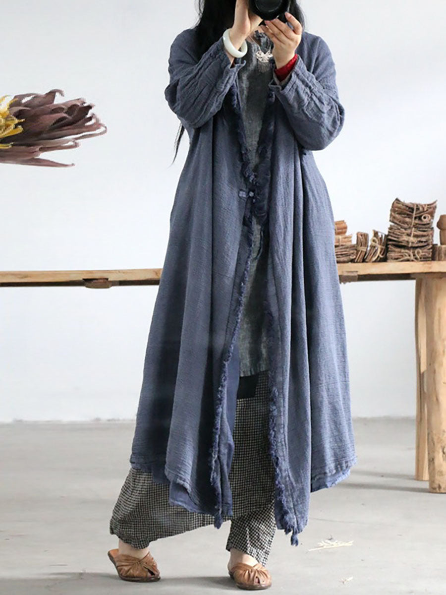 Women Artsy Worn Burrs Solid Button Irregular Long Coat