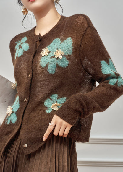 Boho Coffee O-Neck Patchwork Button Cotton Knit Cardigan Fall