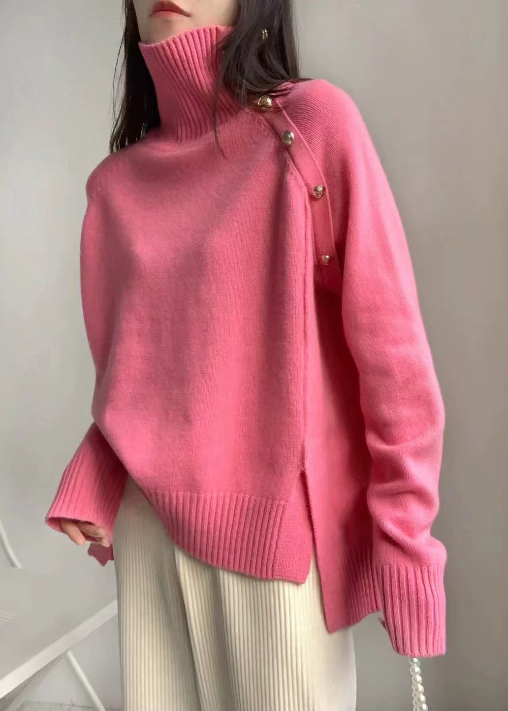 Chic White High Neck Side Open Knit Sweaters Winter