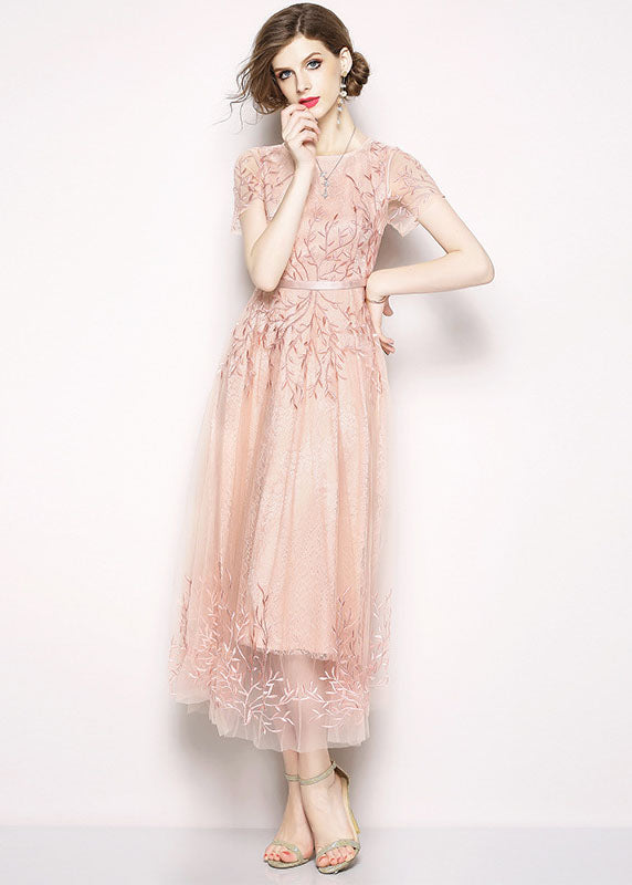 Style Pink Embroidered Tulle Long Dress Short Sleeve