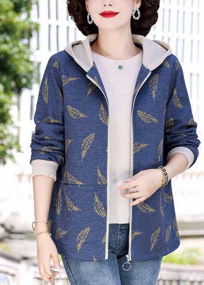 Casual Navy Blue Zippered Patchwork Hoodies Coats Fall
