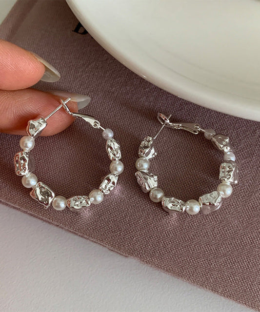 Boho Silk Sterling Silver Alloy Pearl Hoop Earrings