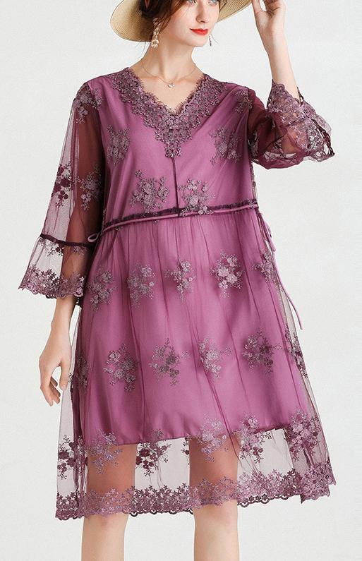 Elegant Mulberry V Neck Petal Sleeve Mini Summer Lace Dress