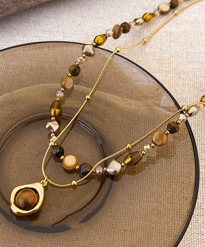 Fashion Gold Copper Overgild Tiger Eye Stone Beading Pendant Necklace Two Piece Set