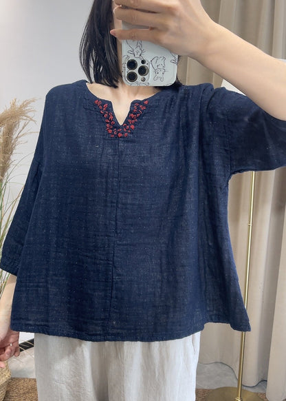 Vintage Loose Navy V Neck Patchwork Cotton Top Summer