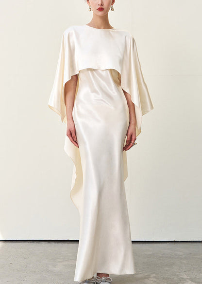 Italian Beige Asymmetrical Solid Silk Long Dress Summer