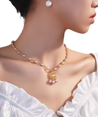 Fashion Light Purple Sterling Silver Overgild Pearl Safe Lock Pendant Necklace