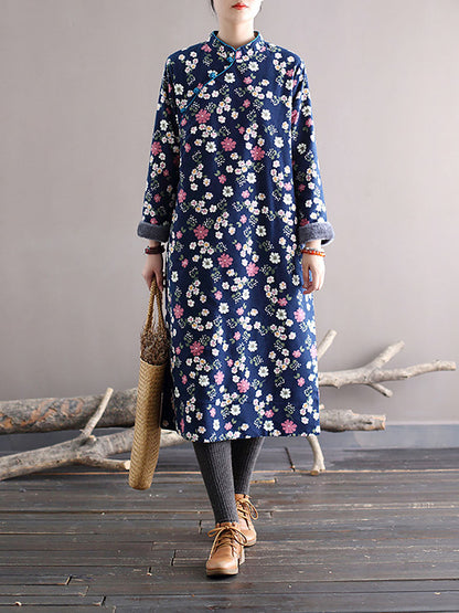Women Winter Chinese Style Floral Print Frog Thick Dress