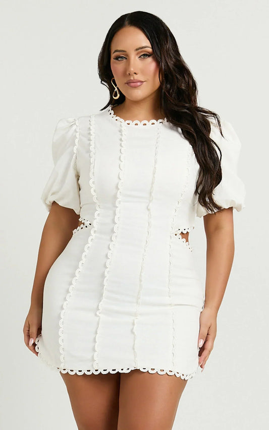 Laila Mini Linen Blend Dress - High Neck Side Cut Out Puff Sleeve Straight Dress In Off White