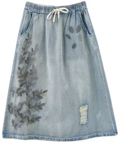 Art Navy Embroideried Hole Cozy Denim Skirt