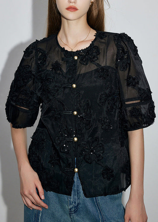 New Black Embroidered Oriental Button Cotton Shirts Summer