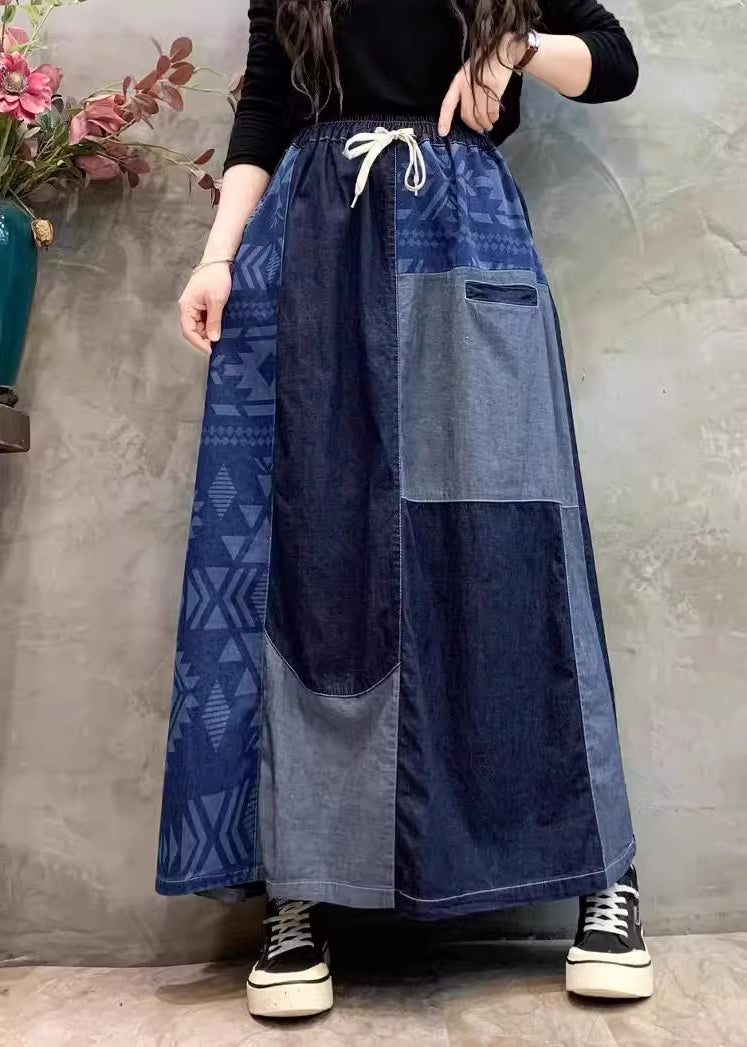 DIY Navy Asymmetrical Patchwork Denim Skirt Summer