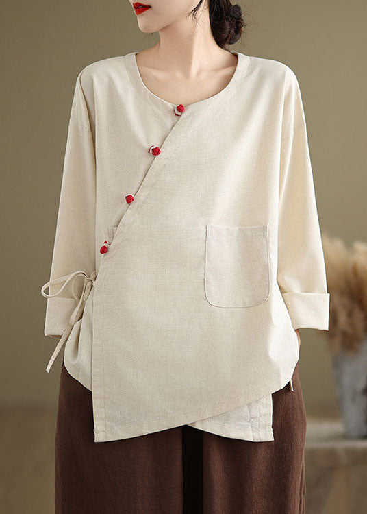 Vintage Beige O Neck Lace Up Patchwork Cotton Blouse Top Spring