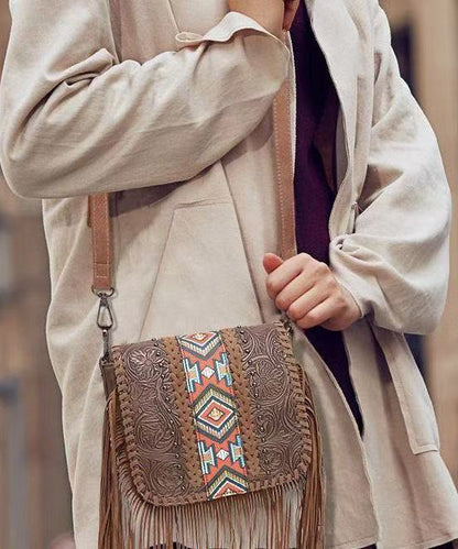 Fashion Brown Embossing Tasseled Faux Leather Messenger Bag