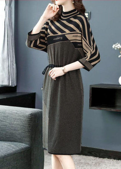 Modern Coffee Turtle Neck Tie Waist Print Knit Dress Batwing Sleeve