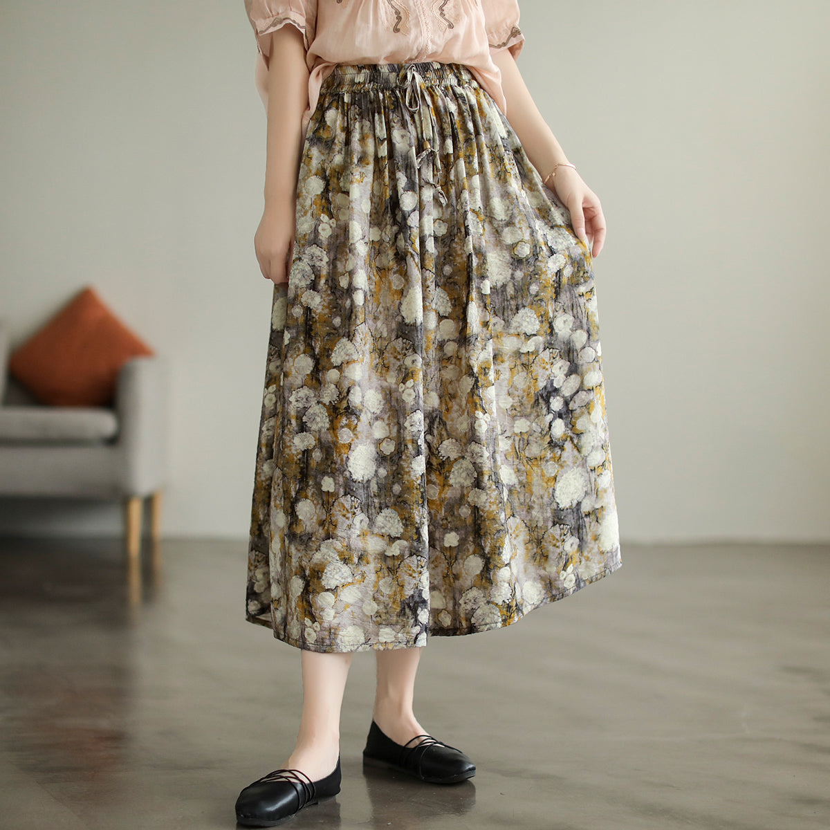 Cozy Retro Floral Printed Cotton A-Line Skirt