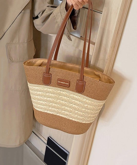 Stylish Khaki Large Capacity Durable Straw Woven Shoulder Bag