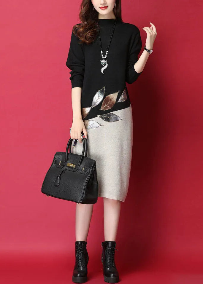 Fitted Black Stand Collar Patchwork Knit Sweater Dress Long Sleeve