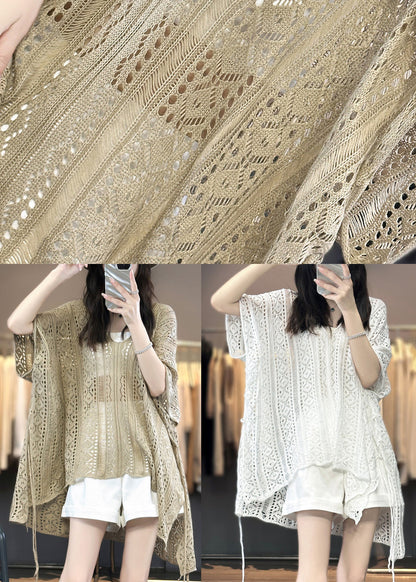 Women White V Neck Hollow Out Knit T Shirts Summer