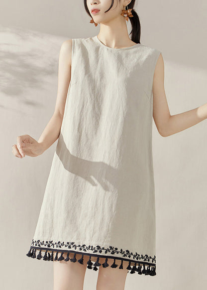 Vintage Apricot O-Neck Embroidered Tassel Mid Dress Summer