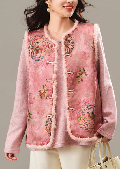Cute Pink O-Neck Print Patchwork Mink Hair Waistcoat Winter