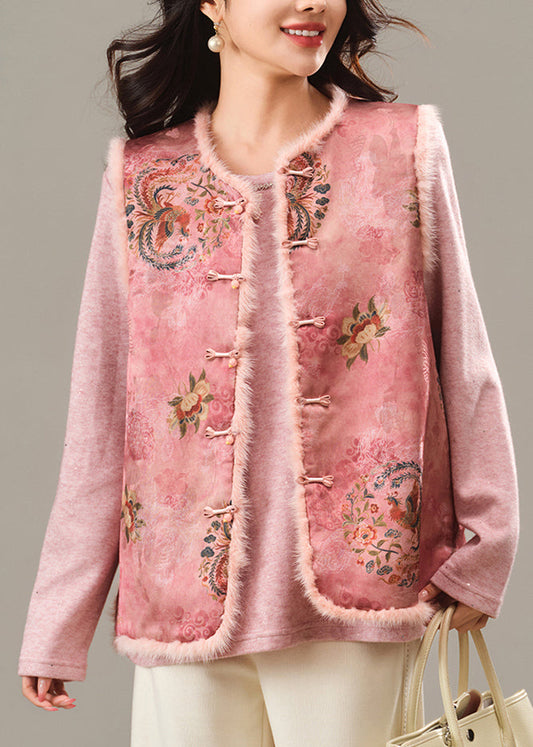 Cute Pink O-Neck Print Patchwork Mink Hair Waistcoat Winter