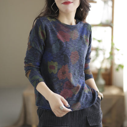 Autumn Retro Print Cotton Knitted Loose Sweater
