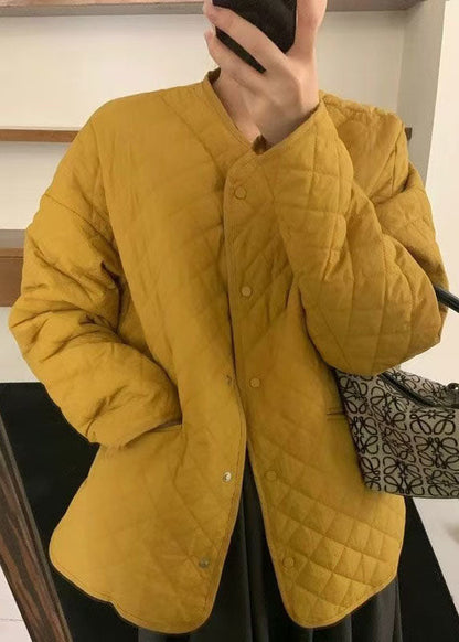 Plus Size Yellow O Neck Pockets Fine Cotton Filled Jackets Fall