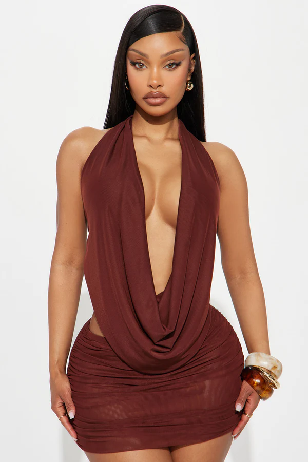 Cowl Neck Halter Open-Back Mesh Ruched Two-Piece Set