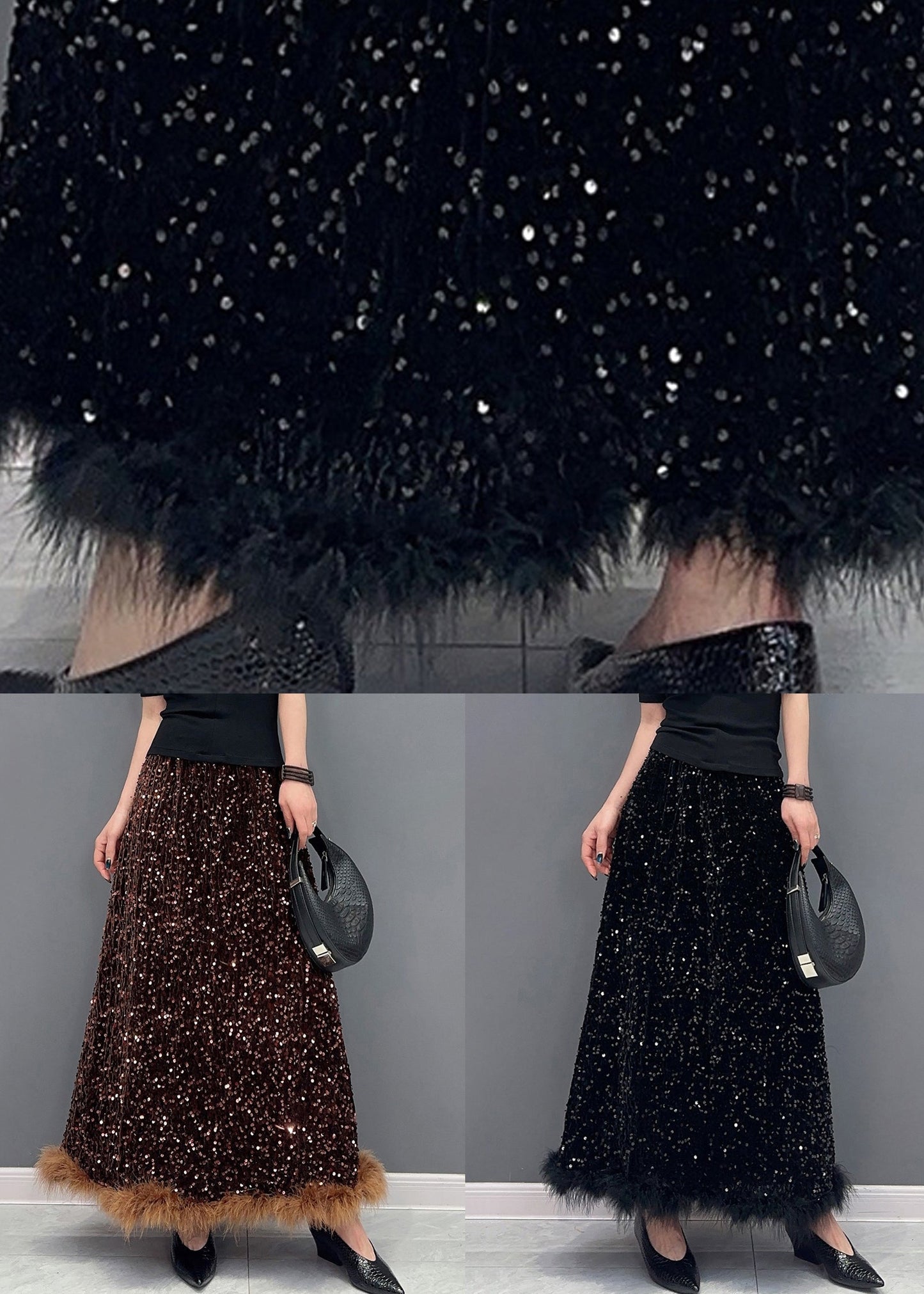 Black Raw Edge Patchwork Silk Velvet Skirts High Waist