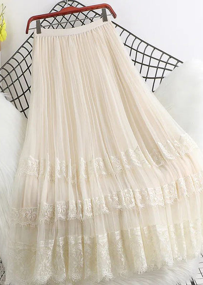 Fashion Brown High Waist Tulle Maxi Skirts Woman Mesh Lace Patchwork