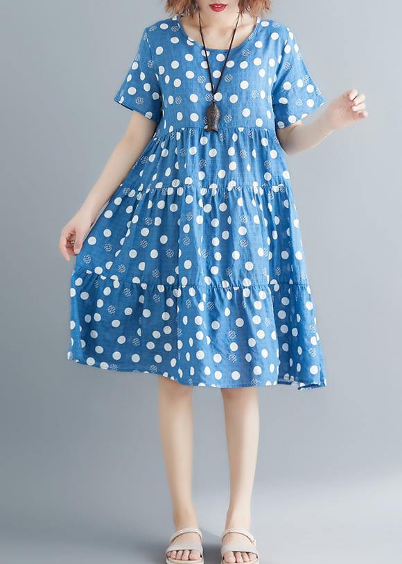 Bohemian o neck Cinched cotton linen blue print Dresses summer