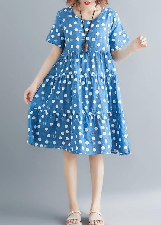 Bohemian o neck Cinched cotton linen blue print Dresses summer