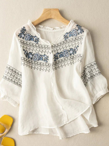 Embroidered Crew Neck 3/4 Sleeve Casual Linen Top
