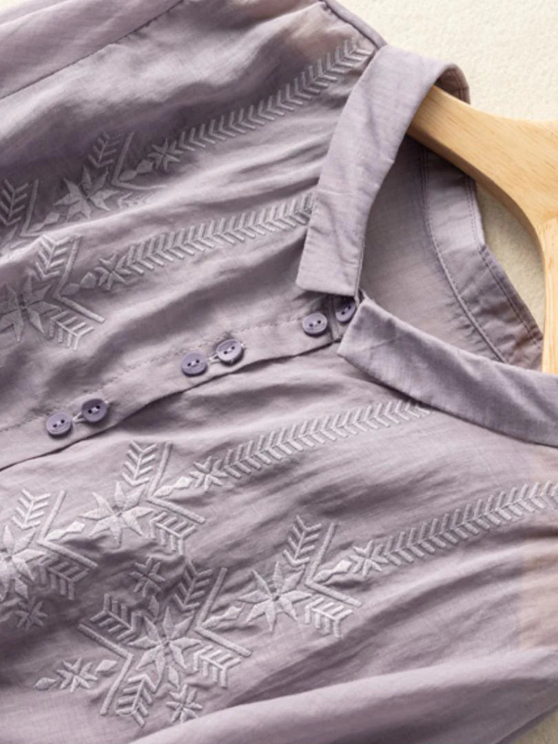Embroidered Half Sleeve Casual Linen Shirt Top