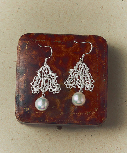 DIY White Sterling Silver Lace Pearl Drop Earrings