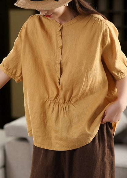 Women Yellow O Neck Wrinkled Linen Shirt Summer